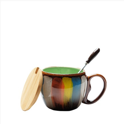 Hand-Painted Ceramic Coffee Mug with Lid & Spoon Set