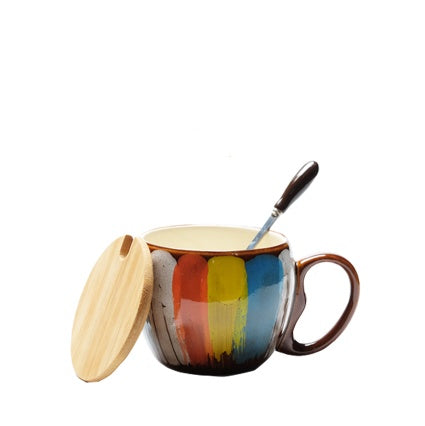 Hand-Painted Ceramic Coffee Mug with Lid & Spoon Set