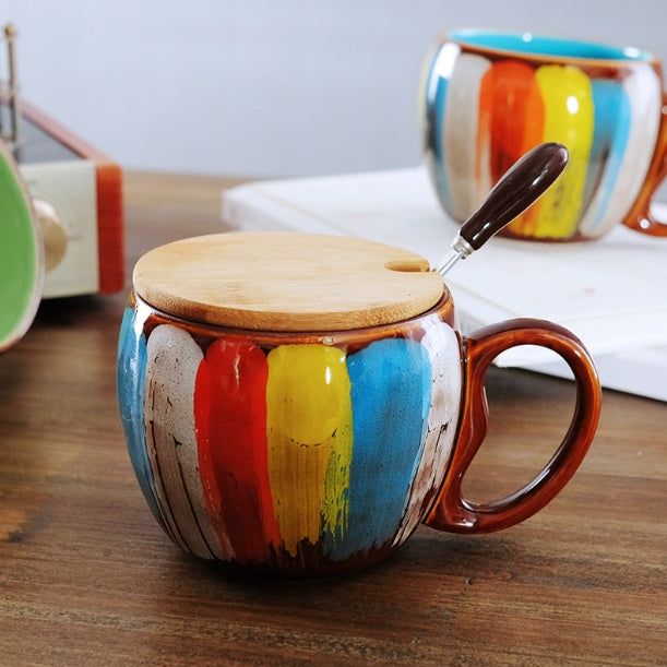 Hand-Painted Ceramic Coffee Mug with Lid & Spoon Set