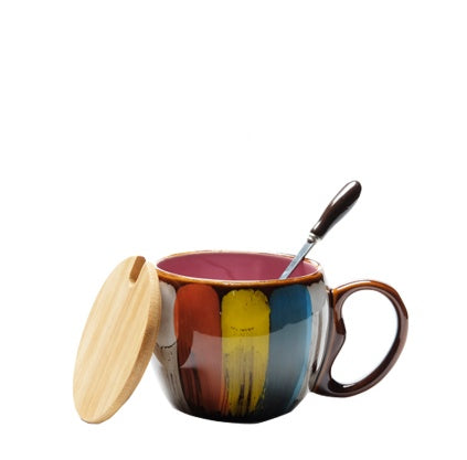 Hand-Painted Ceramic Coffee Mug with Lid & Spoon Set