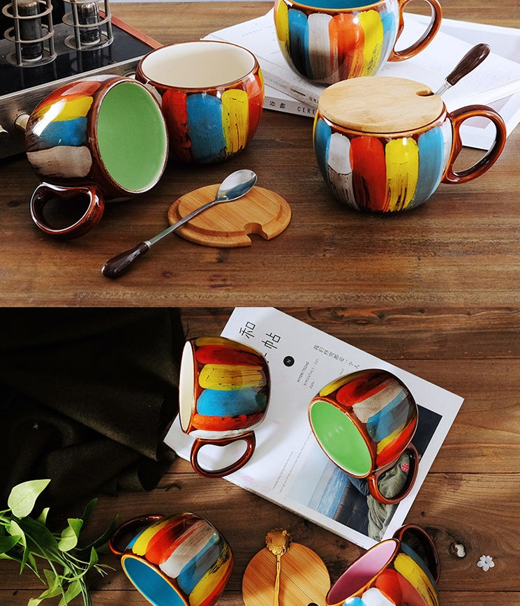 Hand-Painted Ceramic Coffee Mug with Lid & Spoon Set
