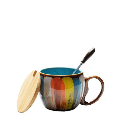 Hand-Painted Ceramic Coffee Mug with Lid & Spoon Set