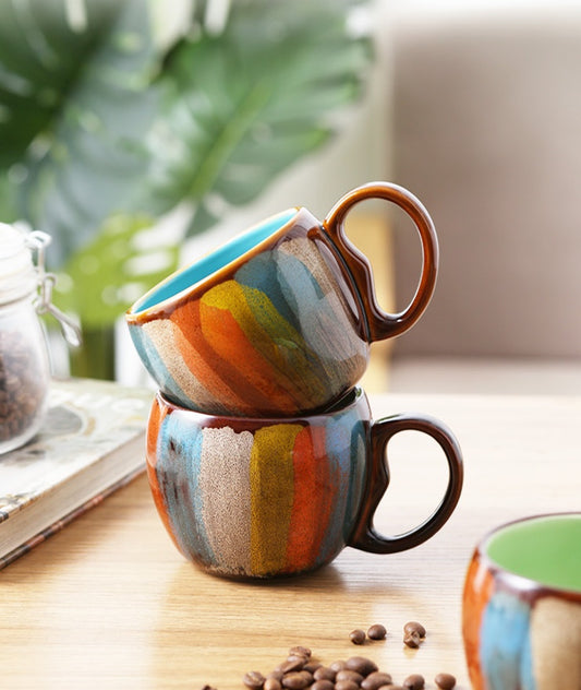 Hand-Painted Ceramic Coffee Mug with Lid & Spoon Set