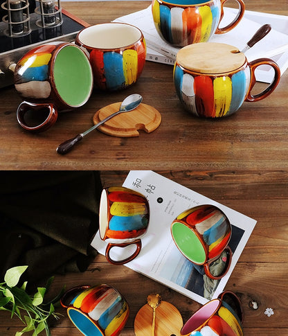 Hand-Painted Ceramic Coffee Mug with Lid & Spoon Set